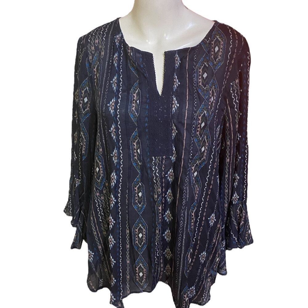 Haute Hippie Gray Black Split Neck Printed Blouse Size L